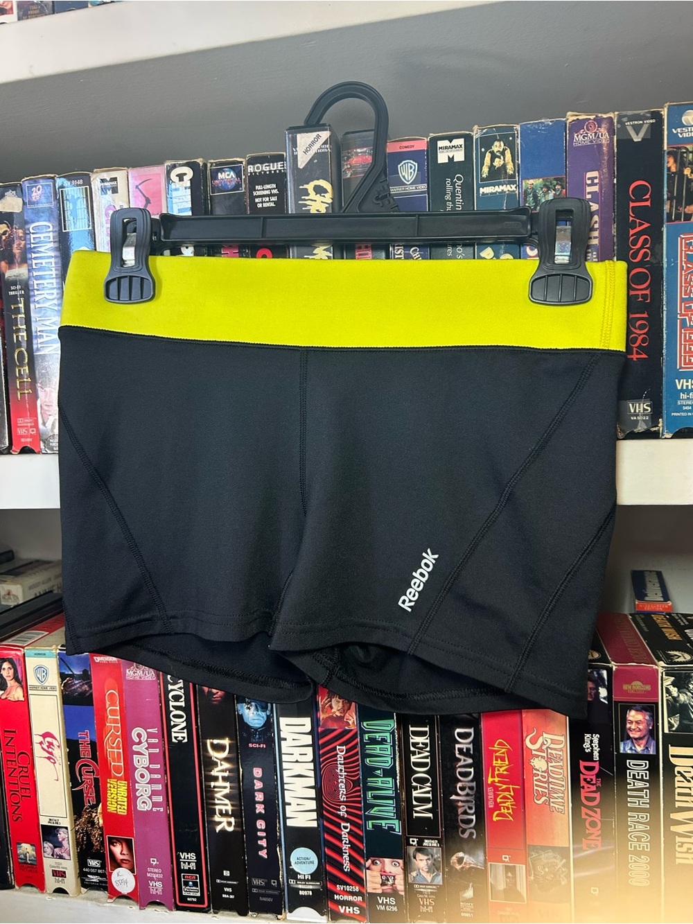 Reebok Women’s Black Athletic Shorts with Neon Yellow Waistband